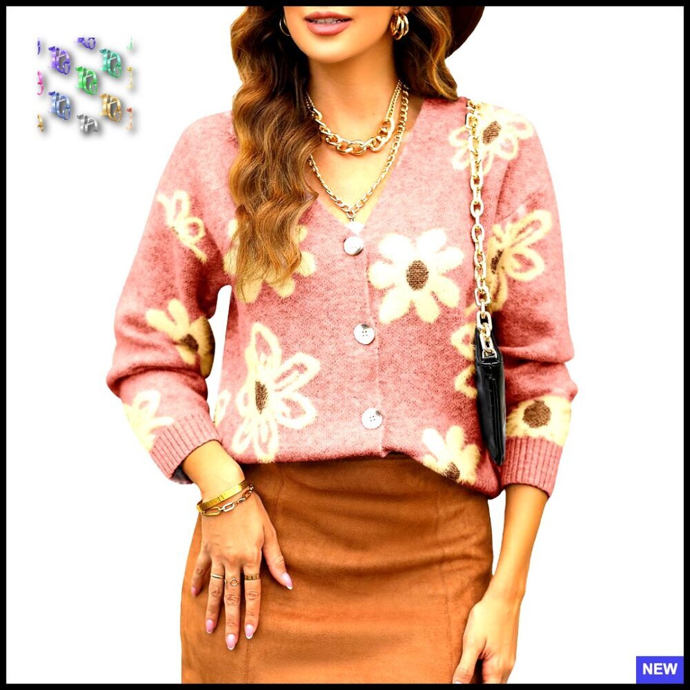 Open Front V-Neck Knit Cardigan Sweater Long Sleeve Floral Chunky Oversized